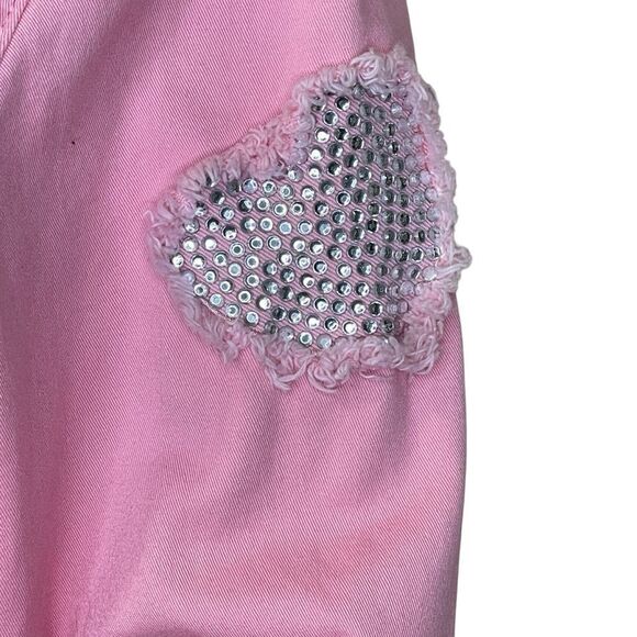 Quacker Factory Denim Button Down Jacket  Distressed Rhinestone Hearts Pink S - Picture 3 of 15
